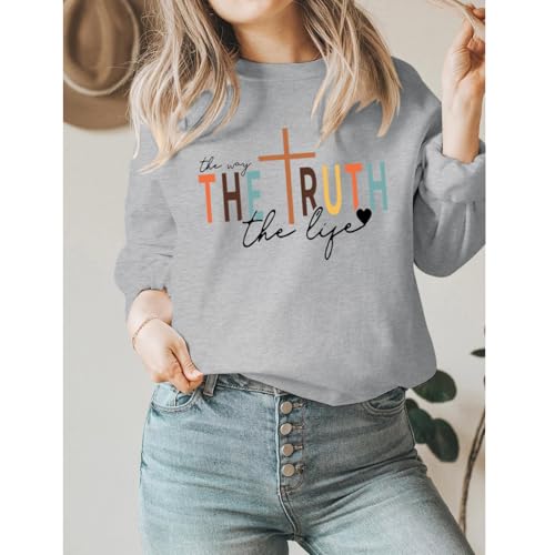 Tuislay Christian Sweatshirt Womens Jesus God Pullover Bible Verse Crewneck Sweatshirts Religious Cross Graphic Shirts - color: Light Gray, size: X-Large