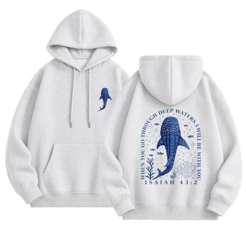 BeWithYou Christian Whale Shark Hoodies for Women Jesus Faith Sweatshirts God Religious Hoodie Bible Verse Graphic Pullover - color: Heather White, size: X-Large
