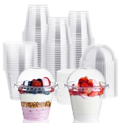 9 oz Plastic Dessert Cups with Lids and Paper Lid Liners 200 Pack - size: 9 OZ - 200 Sets - Dome Lids
