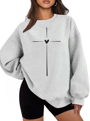 Christian Sweatshirts for Women Embroidered Jesus Cross Heart Print Shirt Inspirational Oversized Religious Pullover - color: Grey, size: XX-Large