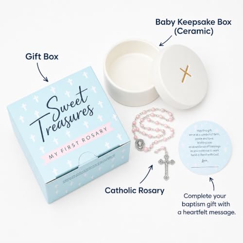 Baptism Gifts for Girls – Pink Rosary with Ceramic Keepsake Box and Card, Christening Gift - color: Pink