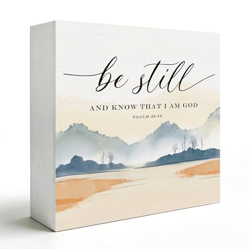 Be Still and Know That I Am God Christian Wooden Box Sign 5x5 Inch, Psalm 46:10 Bible Verse Religious Decorative Wood Signs for Home Church Prayer Room Desk Tabletop Shelf Decorations - color: Wooden Box Sign A