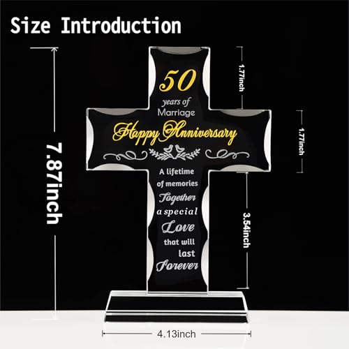 50th Wedding Anniversary Religious Cross Gifts for Women Men, 50 Year Anniversary Romantic Gift for Him Her, Laser Engraved Glass Standing Cross Keepsake for Couple, 50 Years of Marriage Present(50th Anniversary)