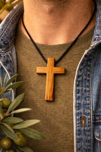 Olive Wood Cross Necklace from Bethlehem – 1.5" Wooden Crucifix Pendant with 24" Adjustable Black Cord, Christian Jewelry for Men and Women