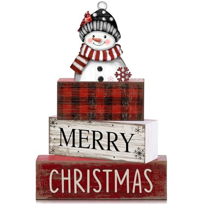 Lineshading 4 Pcs Christmas Table Decoration Wooden Snowman Decor Christmas Tiered Tray Decor Red Buffalo Plaid Block Signs Snowman Table Centerpiece Farmhouse Winter Decoration for Home Kitchen Shelf - style: Christmas Snowman
