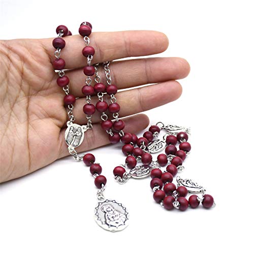 Handmade Wooden Resin Crucifix Rosary Beads Chain Pendant Necklace Colorful Love Heart Catholic Cross Virgin Mary Jesus Necklace for Women Men Religious Lord Praying Jewelry Gift - color: C red