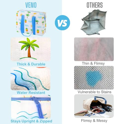 VENO 4 Pack Utility Tote Reusable Grocery Bags with Zipper & Hard Bottom - color: Tropical Island, size: 4 Pack