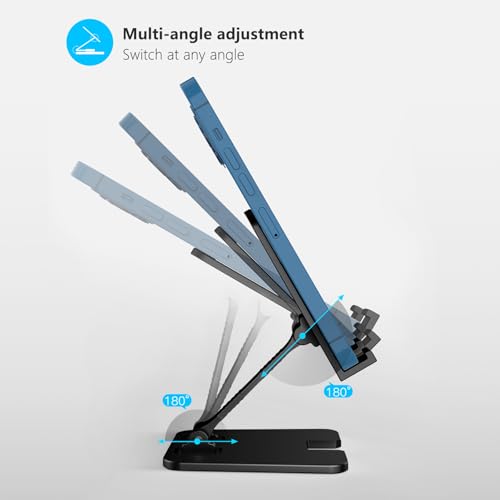 Amzpas Adjustable Cell Phone Stand Metal, Foldable Desktop Cellphone Stand with Anti-Slip Base and Convenient Charging Port, for Phone 17 16 15 14 13 12 11 Pro Xs Xs Max Xr X 8, All Phones - color: Black