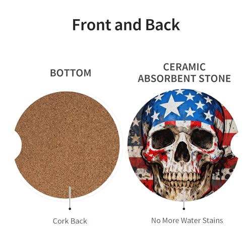 American Flag Skull Car Cup Holder Coasters 2 Pack 2.63" for Women - color: Beige‌