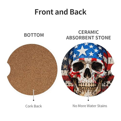 American Flag Skull Car Cup Holder Coasters 2 Pack 2.63" for Women - color: Beige‌