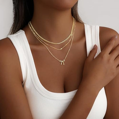 Layered Gold Necklace for Women, 14K Gold Plated Necklace Stack Set, Dainty Pendant Necklace Non Tarnish, Fashion Bow CZ Circle Star Hammered Cross Jewelry Gift for Women - color: Gold-06