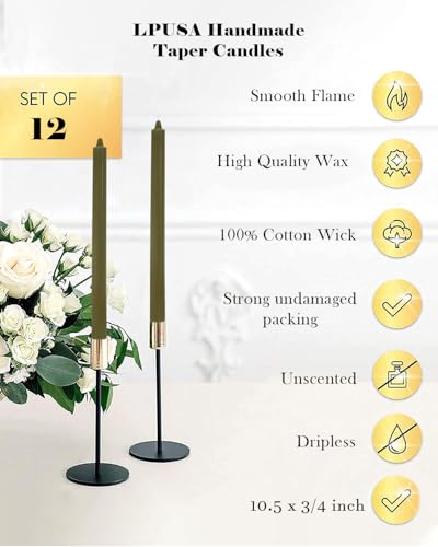 Olive Ribbed Taper Candles 10.5 inch Green Tapered Candles Ideal as Dinner Candle Smokeless and Unscented Candle Sticks Long Burning,Set of 12 - color: Ribbed10.5''-Olive