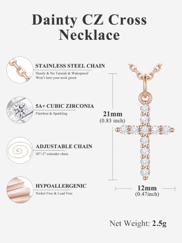 U7 Cross Necklace for Women,CZ Cross Pendant Necklace 18"+2" - color: Rose Gold