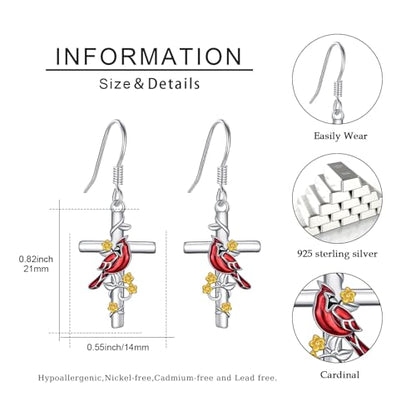 Cardinal/Hummingbird/Parrot Earrings for Women 925 Sterling Silver Bird Dangle Drop Leverback Earrings Hypoallergenic Cardinal Jewelry Christmas Birthday Gifts - style: Cardinal Cross
