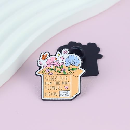 Consider How The Wild Flowers Grow Luke 12:27 Pin Brooch, Christian Faith Enamel Pin, Religious Gift For God Jesus Lover Christian Devotee Prayer, Vintage Bible Verse Brooches, Bloom With Grace Lapel Badge, Tiny Scripture Accessories