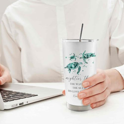 Christian Sea Turtle 20oz Travel Coffee Mug Tumbler, Christian Gifts for Women, Sea Turtle Gifts, Marine Biology Ocean Bible Verse Religious Stainless Steel Tumbler with Lid and Straw - color: mighies