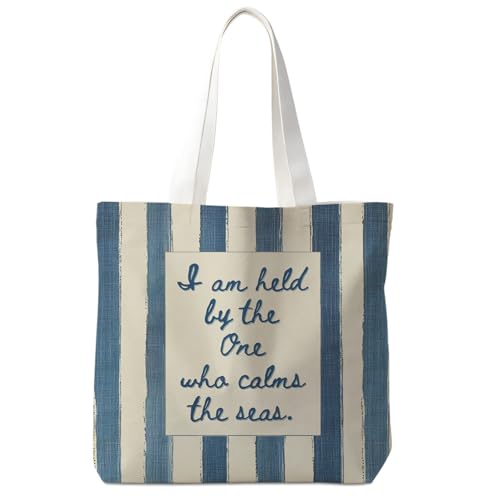 Christian-Flowers-Inspirational Motivational Gifts Canvas Tote Bag for Women,Reusable Shopping Grocery Bags - color: Christian-blue and Beige Striped