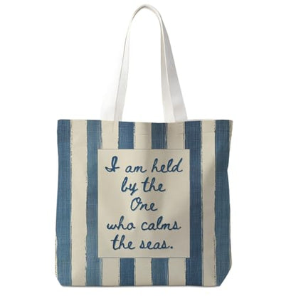 Christian-Flowers-Inspirational Motivational Gifts Canvas Tote Bag for Women,Reusable Shopping Grocery Bags - color: Christian-blue and Beige Striped