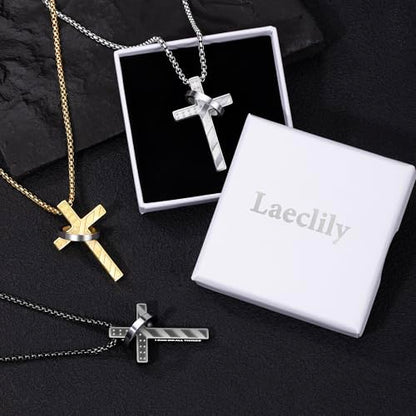 Cross Necklace for Men,Stainless Steel Ring Pendant Necklaces - color: black, style: 19:26 with ring