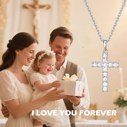 Birthstone Cross Necklace for Women,First Communion Gifts Easter Baptism Cross Jewelry Pendant Gift - color: 04April-Crystal White