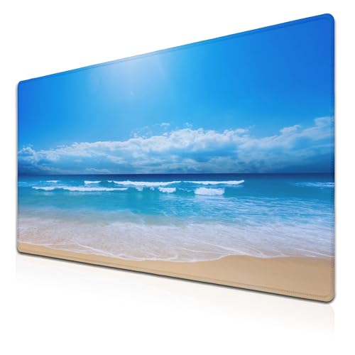 Desktop Mouse Pad Blue Full Desk Mat Large Mouse Pads Desktop Mats Large Mouse Mat Non-Slip Rubber Base Waterproof with Stitched Edges 35.4" X 15.7" for Game Office, Sea Water and Beach - color: Blue Sea Water And Beach
