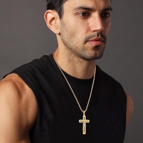 HZMAN Catholic Jesus Christ INRI Cross Crucifix Pendant Necklace for Men - color: Gold