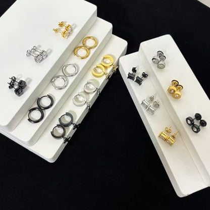 15 Pairs Stainless Steel Earrings for Men Women Hypoallergenic Inlaid Cubic Zirconia Studs Hoop Earring Cross Dangle Earrings Set, Fashion Ear Piercing Jewelry Gift