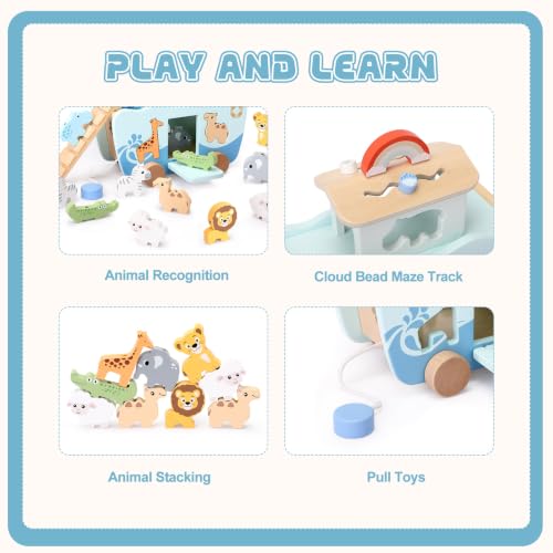 Hoarosall 27PCS Wooden Noah's Ark Montessori Toys for 1 Year Old Baby Boys Girls Christian Toys for Toddlers 1-3 Ideal Baptism Christmas & 1st Birthday Gifts - color: Blue