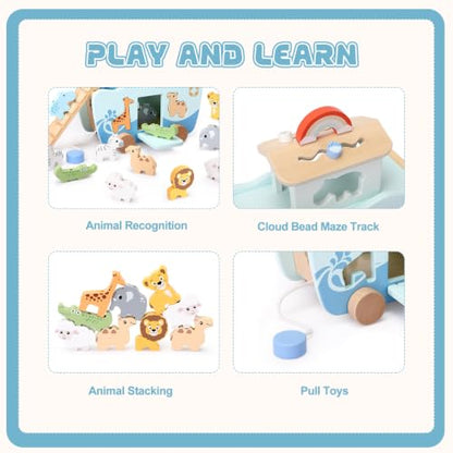 Hoarosall 27PCS Wooden Noah's Ark Montessori Toys for 1 Year Old Baby Boys Girls Christian Toys for Toddlers 1-3 Ideal Baptism Christmas & 1st Birthday Gifts - color: Blue