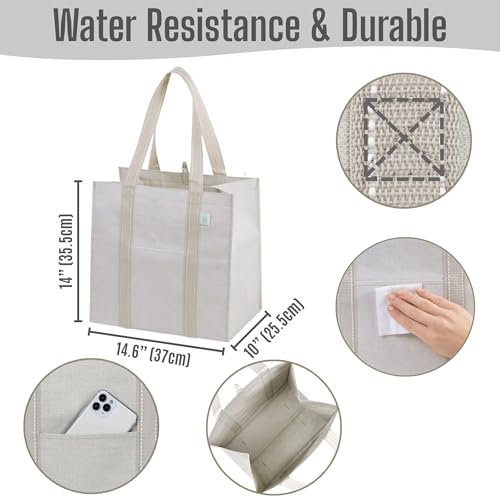 VENO 4 Pack Large Grocery Bag Reusable Shopping Bags with Hard Bottom - color: Beige