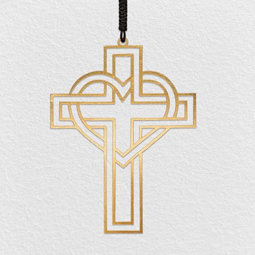 Electroplated Gold Christian Cross with Heart – Intertwined Faith & Love Hanging Ornament – Premium Rearview Mirror Charm – Religious Car Decor & Devotional Gift - color: Gold - Cross With Heart