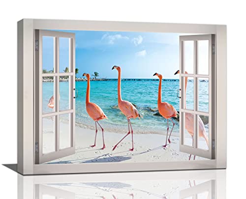 Flamingo Beach Bathroom Wall Art Tropical Palm Coastal Ocean Pictures Wall Decor Pink Flamingo 3d Window Canvas Prints Framed Modern Animals Painting Artwork for Bathroom Living Room Office 16"x12" - color: Farmingo-2, size: 16"L x 12"W