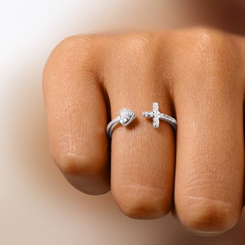 Adjustable Cross Rings for Women - 925 Sterling Silver Christian Rings for Daughter, Dainty Heart Rings, Non-Tarnish Faith Rings for Women & Daughter - Meaningful Easter, Christmas, or Birthday Gift