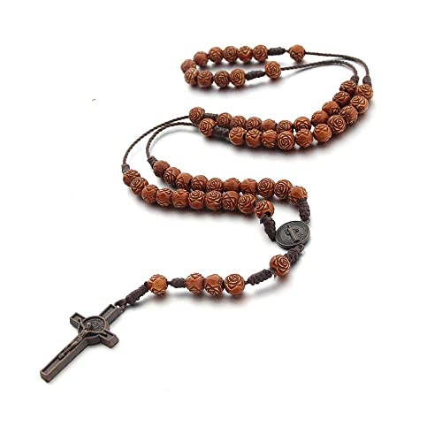 COLORFUL BLING Natural Wooden Catholic Rosaries Wood Crucifix Prayer Beads Pendant Necklace Prayer Jesus Religious Cross Rosary Necklace Handmade Jewelry - color: flower