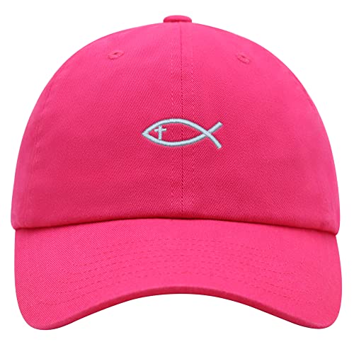 JPAK Jesus Fish Symbol Premium Dad Hat Embroidered Cotton Baseball Cap Symbol of Christianity - color: Hot Pink