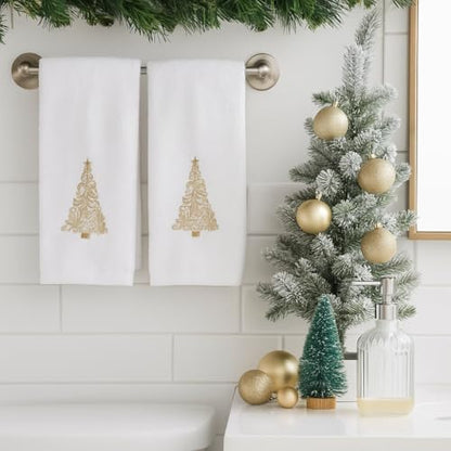Christmas White Guest Hand Bathroom Towels, Elegant Gold XMas Tree, 16x26" - color: Gold Tree
