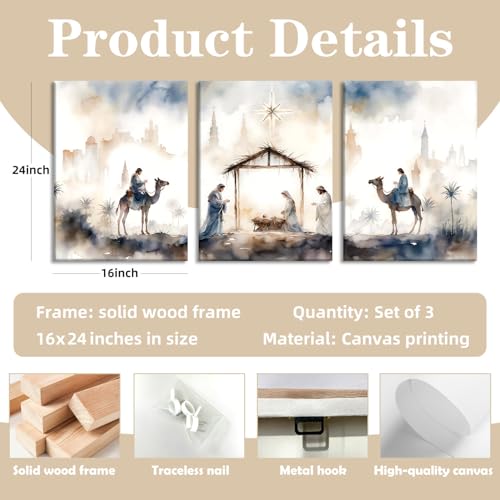 HCJWCXD Religious Wall Art Set of 3 Nativity Scene Canvas Prints 16x24Inch - color: Blue-gray, size: 16x24 Inches
