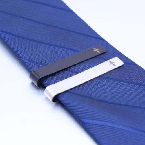 Novelty Cross Tie Clips for Men Unique Black Silver Religious Tie Clip Suitable for Regular Ties Classic Business Wedding Brass Tie Bar Jewelry with Box - color: Black Silver Cross 01