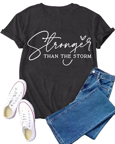 Christian Shirts for Women Stronger Than the Storm T-Shirt Bible Verse Inspirational Tee Tops - color: Grey, size: XX-Large