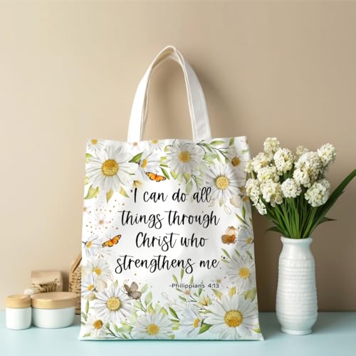 Positive Religious Christian Gifts Canvas Tote Bag for Women Christmas Birthday Cute Beach Reusable Grocery Bags - color: Philippians 4 13 Daisy