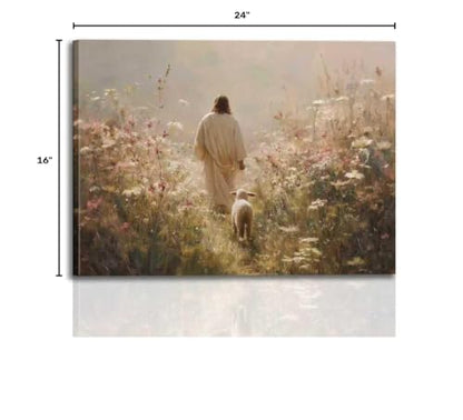 Framed Jesus Wall Art Jesus and the Lamb Walking Among Flowers Christian Poster Print Religious Art Canvas Painting for Living Room, Church, Prayer Room, Bedroom, etc., 16x24 in - color: Jesus Wildflower Sheep3, size: 16x24 Inches