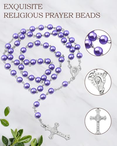 Rosary Beads for Women - Catholic Rosary Beads with Cross, Pink Crystal Rosary Necklace with Velvet Pouch, Religious Gifts for Women - color: Purple