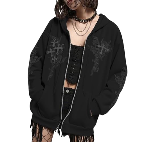 Zip Up Hoodies Y2k Jacket Graphic Gothic Jackets Grunge Cross Hoodie Baggy Streetwear Emo Sweater Aesthetic Clothes - color: Black, size: XX-Large