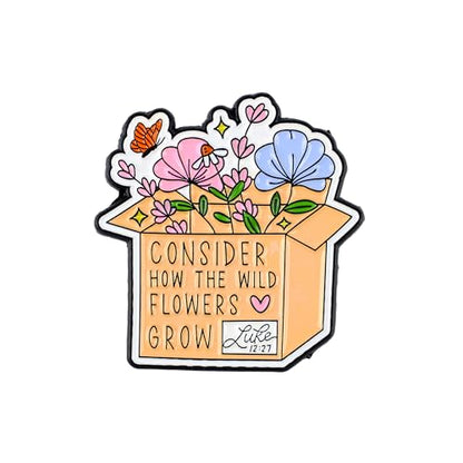 Consider How The Wild Flowers Grow Luke 12:27 Pin Brooch, Christian Faith Enamel Pin, Religious Gift For God Jesus Lover Christian Devotee Prayer, Vintage Bible Verse Brooches, Bloom With Grace Lapel Badge, Tiny Scripture Accessories