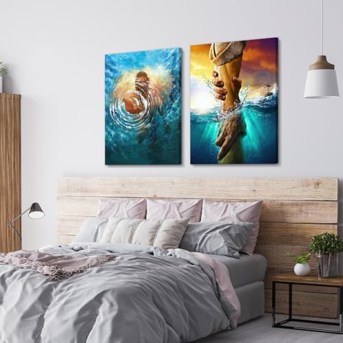 HLXRAE Christian The Hand of God Wall Art Set of 2, Wrapped Canvas 16x24 In - color: Ocean Blue, size: 24"L x 16"W