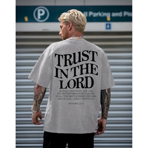 Wrenpies Mens Oversized Christian Shirts God Faith Jesus Religious Tshirts Trust in The Lord Bible Verse Tees Acid Wash Tops - color: Light Gray, size: X-Small