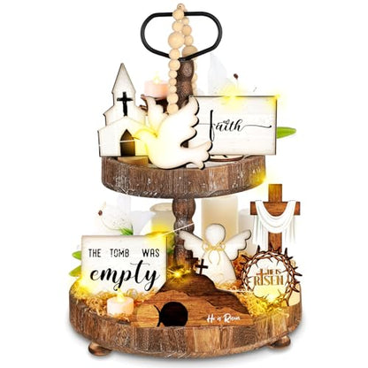 Tujoe 8 Pcs Easter Tiered Tray Decor Set Religious Christian Easter Wooden Table Decorations Sign He is Risen Cross Empty Tomb Centerpieces for Kitchen Home Party Holiday