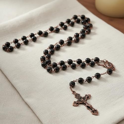 Nazareth Store Natural Stone Beads 8mm Rosary Necklace Antique Copper Design Holy Soil Medal & Cross in Velvet Bag - Catholic Rosaries Terra Santa Jerusalem Collection - color: Black Obsidian