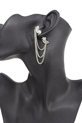 TFJ Women Fashion Stud Front and Back Earring Silver Angel Wings Chains Urban 1 Side