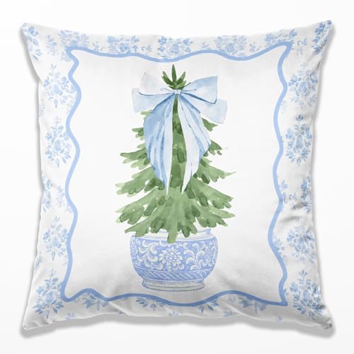 Blue Chinoiserie Preppy Christmas Tree Pillow Covers 18x18, Grandmillennial Christmas Decor, Preppy Girly Blue Bow Xmas Tree Pillow Covers for Girls Dorm Room Apartment Sofa Couch - color: 33 Color